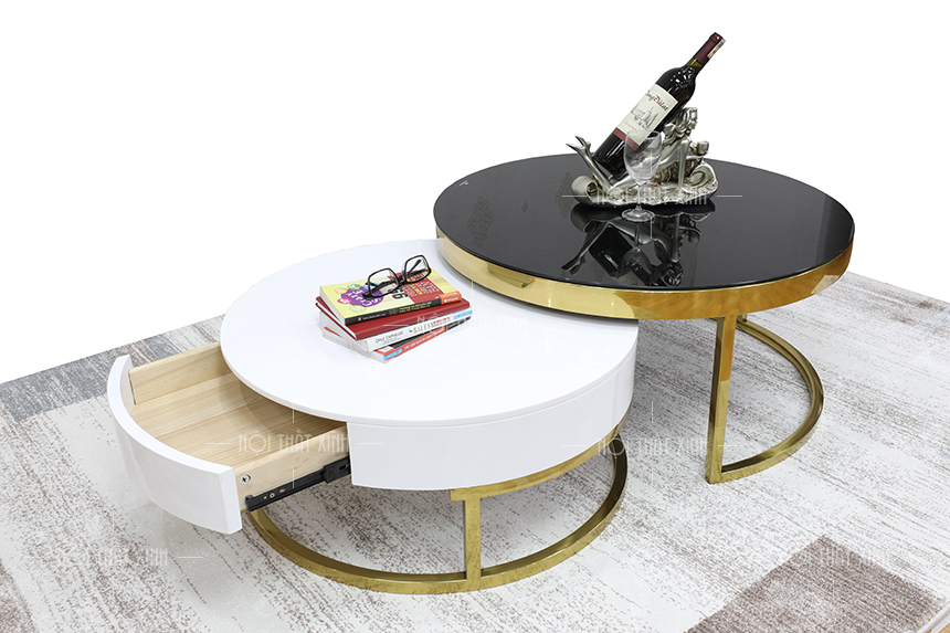 Thiết kế mẫu bàn trà sofa mặt kính kết hợp cùng mặt gỗ khung sắt mạ vàng tinh tế