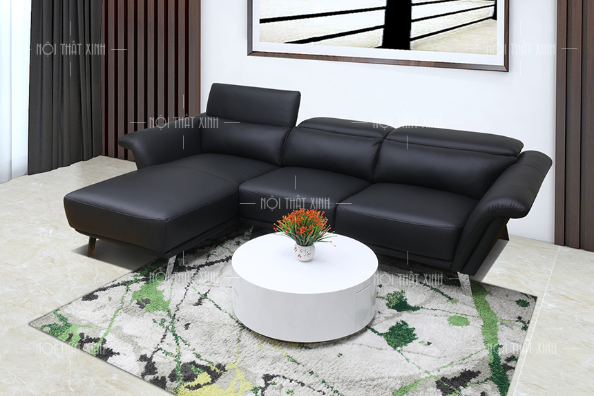 Ghế sofa góc chữ L đơn giản phòng khách bọc da màu đen AmiA 20131