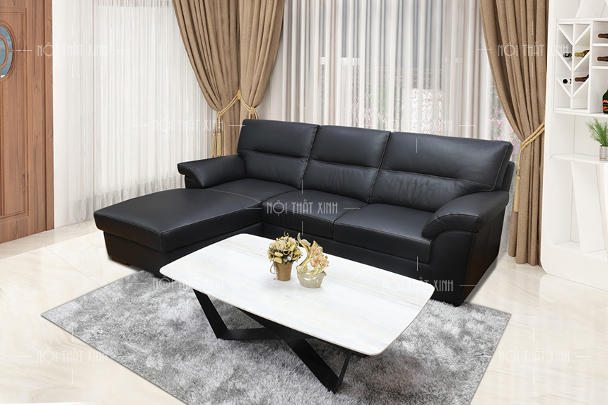sofa góc da màu đen