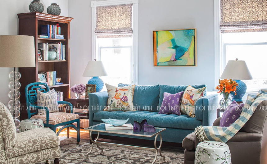 Ý tưởng trang trí bộ sofa phòng khách màu xanh đẹp