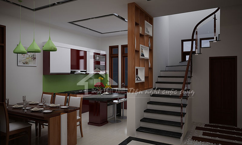 Thiết kế nội thất phòng bếp gần cầu thang, trên trần có lắp đặt hệ thống thông gió đa năng