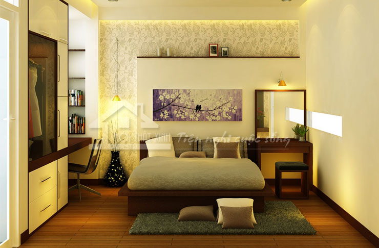 Phòng ngủ nhỏ nhưng nổi bật, rộng mở và gọn gàng với gam màu ấm