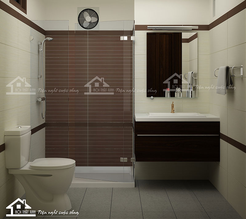 Nhà vệ sinh chung thiết kế thoáng rộng, tông màu trắng được sử dụng tạo không gian mở ấn tượng